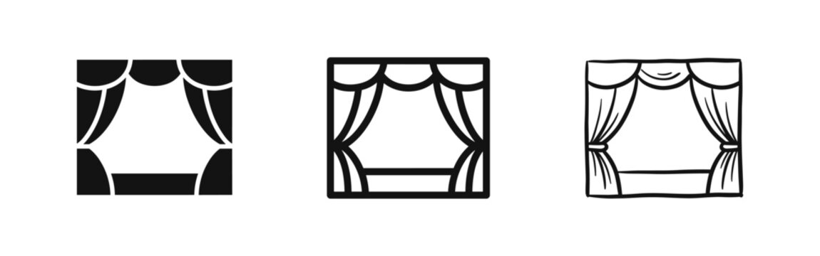 Theater stage icon set with curtains in solid outline and hand drawn styles for performance