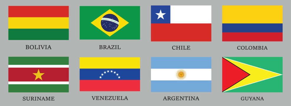 South America country flags vector icons set. Complete collection of South American national flag symbols in flat design. Set of round web buttons for travel, education, and geography apps. Vector EPS