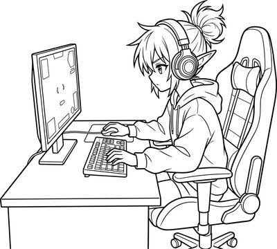Anime elf girl gamer wearing headphones sitting in a gaming chair playing video games line art vector coloring page isolated on white background