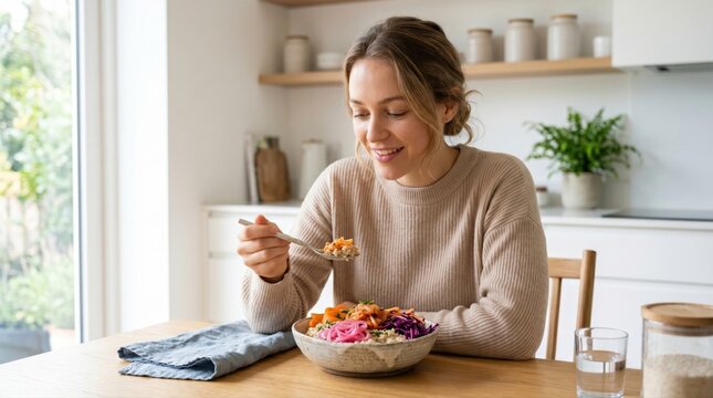 Woman tasting colorful fermented breakfast bowl for gut friendly food concept