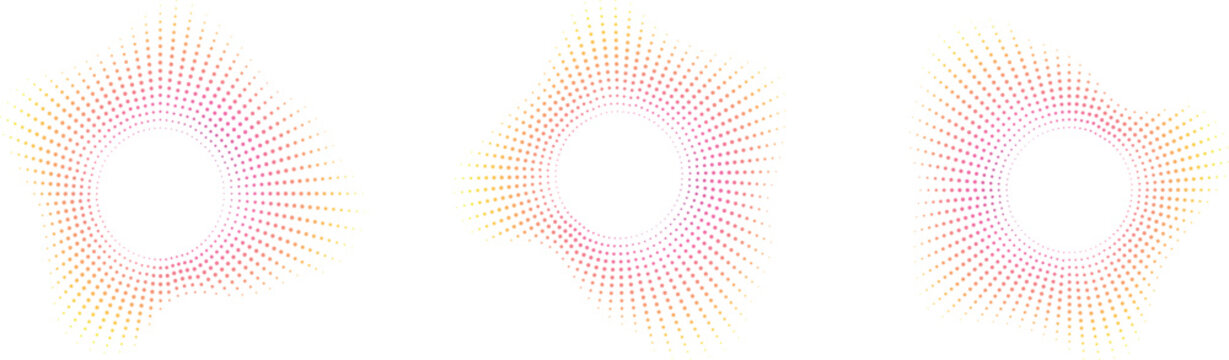Set of circular halftone frames featuring radial dot patterns with vibrant orange to pink gradient transition on transparent background.