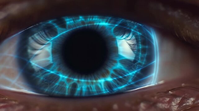 Futuristic eye technology animation: pulsating blue patterns in human iris