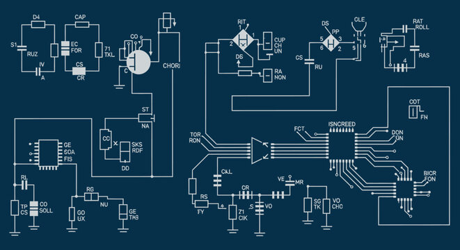 Detailed electronic circuit diagram schematic with various components and connections on a dark blue background.