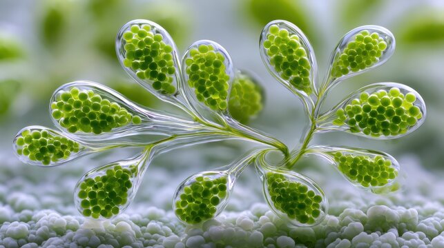 Close-up of a transparent, organic structure filled with green spherical cells, resembling microscopic algae or plant spores.