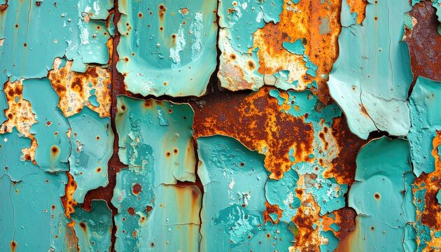 Textured close-up of peeling turquoise paint revealing rust and weathered metal