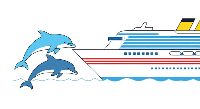 Dolphins Swimming Beside Cruise Ship, Ocean Voyage, Marine Life