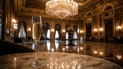 Obraz premium ballroom. An empty ballroom with a grand chandelier and a single champagne flute. bar promotions, beverage menus, designed for food & beverage menus and cafe branding, enhances appetite appeal.