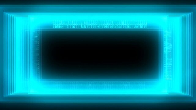 Tracking shot of glowing neon rectangular frames sliding across dark digital interface in studio environment with horizontal motion and repeating animated borders