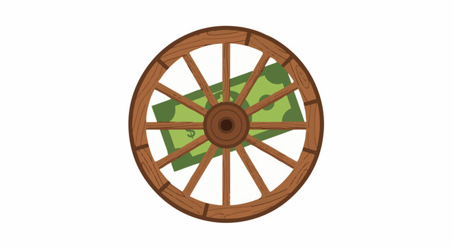 Rustic wooden wagon wheel with green leaf design inside.