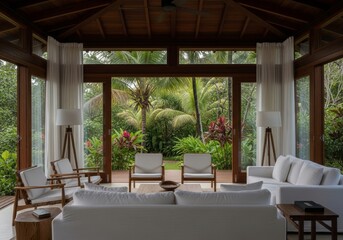 Fototapeta premium Modern living room interior with open wall overlooking tropical garden. Furniture in minimalist style with view of palm tree and green foliage. Luxury vacation villa in nature retreat.
