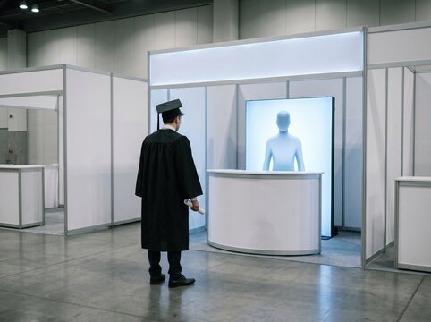 Graduate facing job fair booth with humanoid greeter for hiring concept