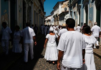 Naklejka premium Group of man and woman walking in street wearing white clothes. Religious celebration in colonial city. Brazilian tradition and cultural heritage, faith and spiritual procession concept.