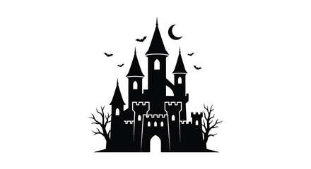 Black Silhouette Of A Castle With Bats And Crescent Moon © Masura