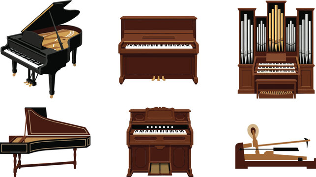 Keyboard musical instruments vector set with grand piano upright piano pipe organ harpsichord harmonium and internal hammer mechanism illustration