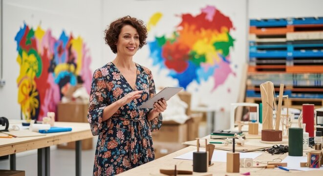 A woman in a floral dress standing in a workshop with colorful abstract paintings in the background.
