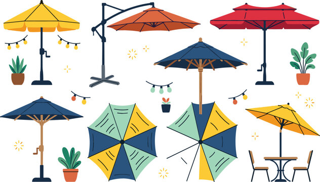 Patio umbrella vector illustrations set featuring outdoor garden parasols beach shades cafe tables string lights and backyard furniture designs