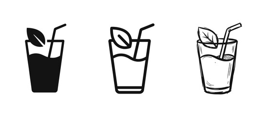 Refreshing Summer Drink Glass with Straw and Mint Leaf Icon - Set of Three Styles © drawing lines