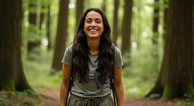 A woman hiking in a lush green forest. The woman is wearing a gray t-shirt and carrying a backpack. The forest has tall trees and a variety of green foliage.