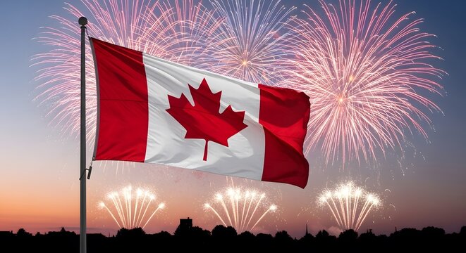 Canadian flag waving with fireworks display national celebration
