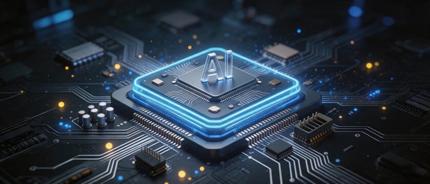 Advanced artificial intelligence processor chip installed on high tech circuit board representing machine learning computing power semiconductor innovation and digital transformation