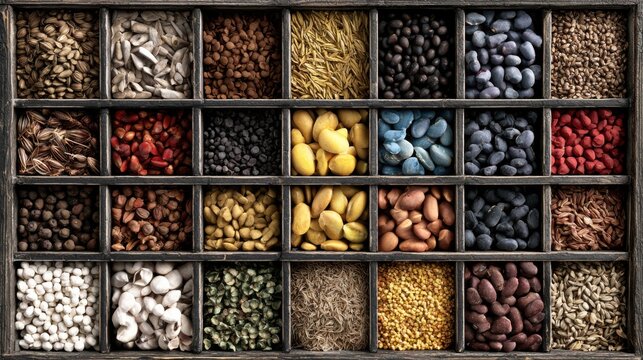 Assorted spices and dried goods arranged in wooden grid compartments, vibrant colors and varied textures, market style presentation, overhead view, aromatic rustic mood, culinary pantry assortment