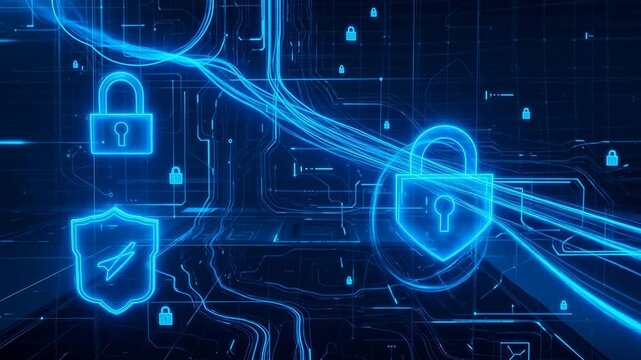 Digital security network with glowing lock and shield icons on a futuristic circuit background