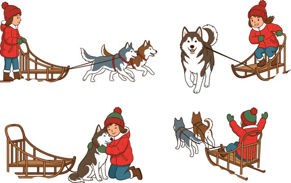 Winter dog sledding vector illustration set featuring kids riding wooden sleighs pulled by siberian husky and alaskan malamute teams