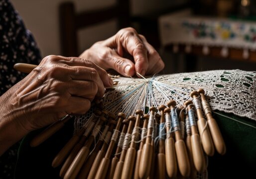 Woman hands making intricate lace using traditional wooden bobbins. Artisan lacemaker creating handmade textile piece. Heritage craft and needlework skill for historic textile production.