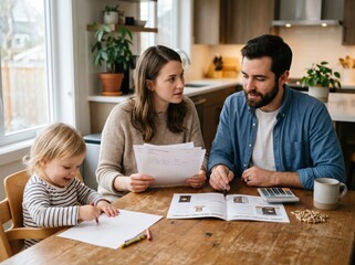 Obraz premium Young family comparing pellet stove quote with cancelled gas hookup papers