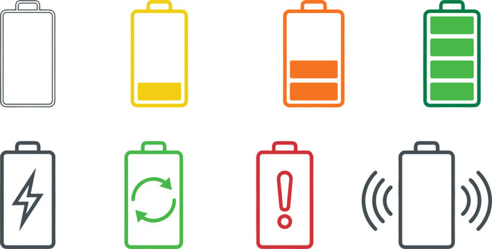 Battery charge status level icon vector set showing empty low medium full energy lightning bolt refresh exclamation mark and wireless signal