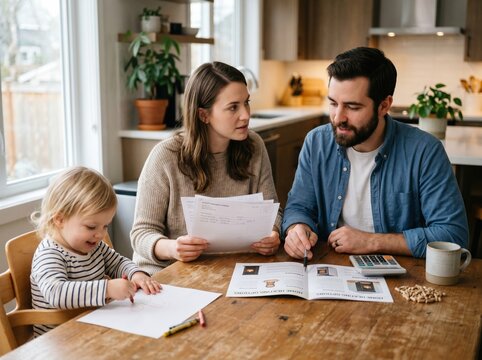 Young family comparing pellet stove quote with cancelled gas hookup papers