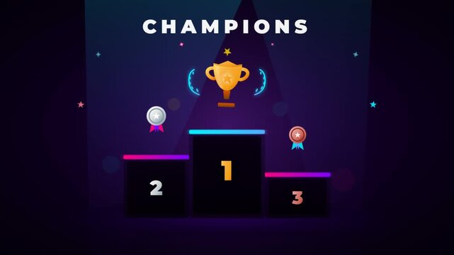Champions Podium with Gold Trophy and Medals Award Celebration Graphic