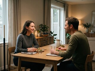 Fototapeta premium Couple dining with phones in wooden bowl on sideboard workplace balance