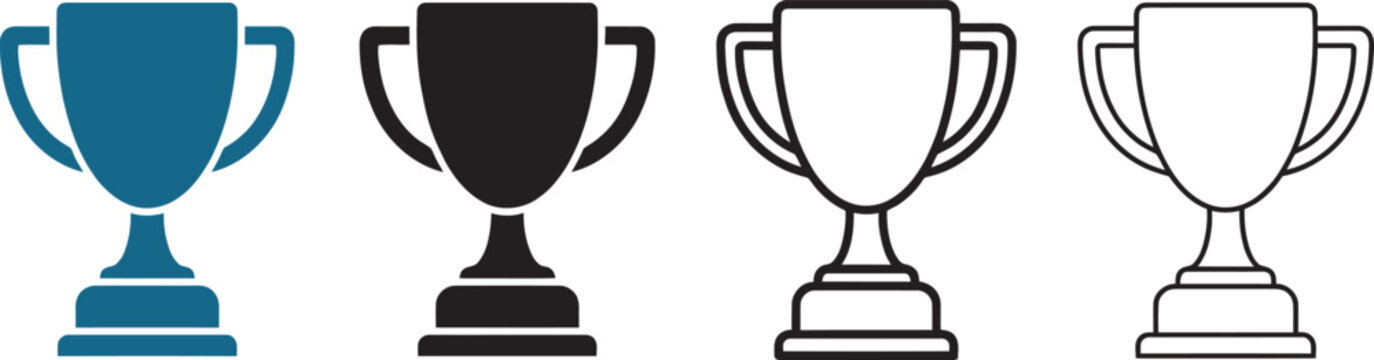 Collection of four trophy cup in diverse styles including solid blue, solid black, and linear outline for business achievement