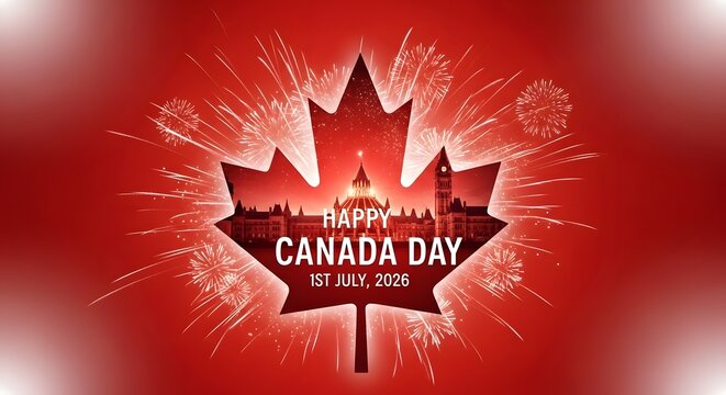 Canada day celebration with fireworks and parliament hill illustration