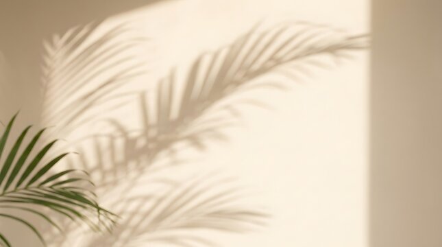 Palm leaf shadow silhouette on a neutral toned wall soft lighting