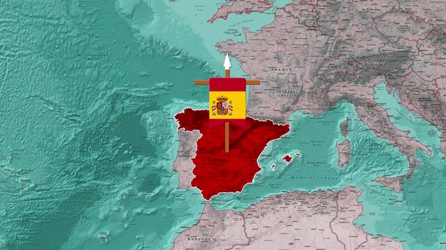 Spanish flag waving over a dynamic animated map of Spain and Europe in motion video