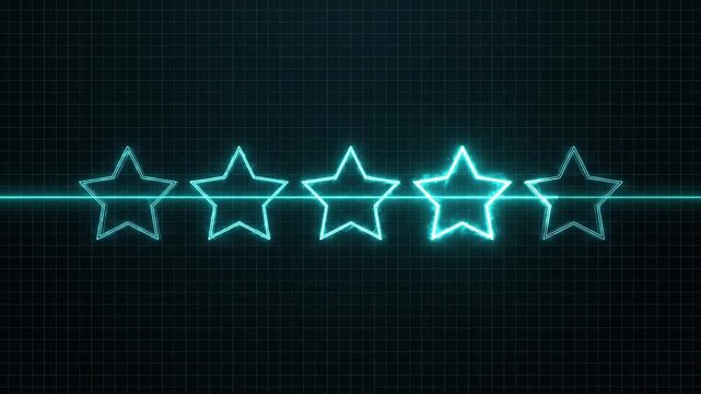 Futuristic HUD five stars rating animation with cyan neon glow on digital grid background, technology customer feedback and data analytics concept.