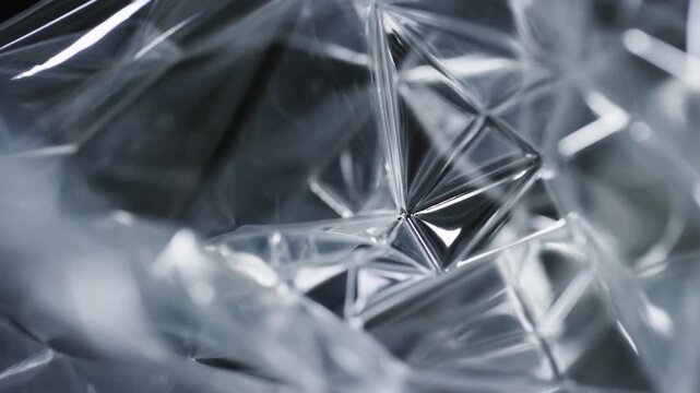 Macro tracking shot of reflective crystalline plastic surface shifting and folding with shallow depth of field in studio close up abstract