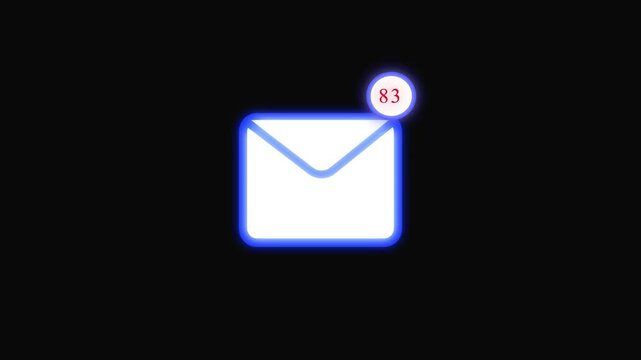 Glowing blue neon envelope icon on black background layout. Digital email envelope icon symbol for web message communication. Animated envelope icon.