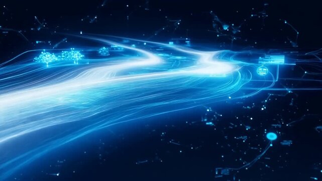Abstract digital network with glowing blue data streams and futuristic interface elements