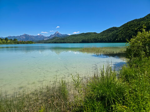 germany, sweeping weissensee panorama with emerald grass foreground and magnificent alpine mountain reflections