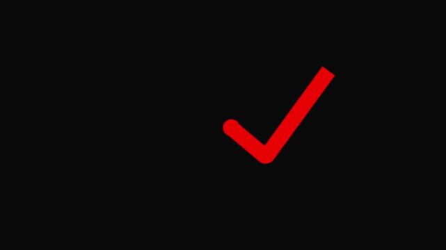 Red check mark symbol on black background notification. Successful choice check mark symbol for website form validation. Animated check mark graphic.