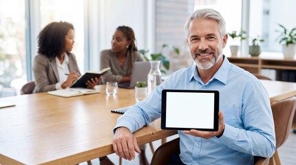 Obraz premium Smiling mature businessman showing blank tablet screen in modern office meeting room