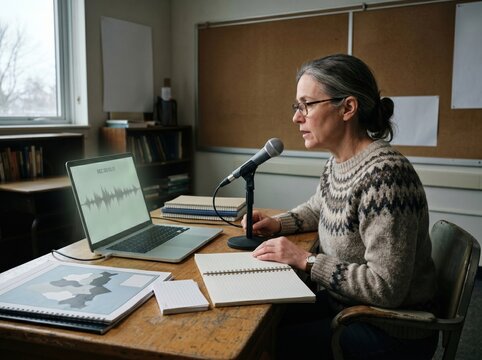 Linguist recording local dialect in classroom for language preservation concept