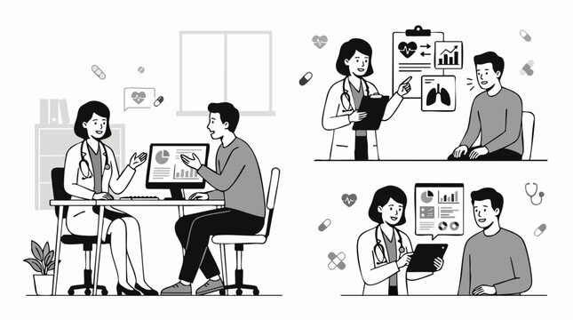 Doctor-Patient Consultation: A doctor explains medical information to a patient using a computer, charts, and a tablet, highlighting the importance of clear communication in healthcare.