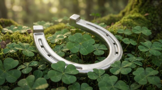 Metal horseshoe resting on green clover leaves with a four leaf clover. Blurred forest background with soft natural lighting.