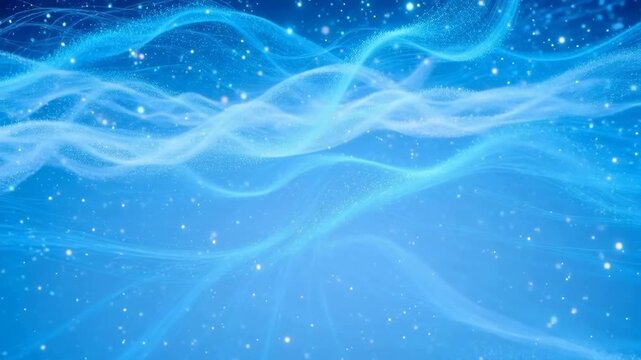 Abstract blue background with flowing wavy lines and sparkling particles