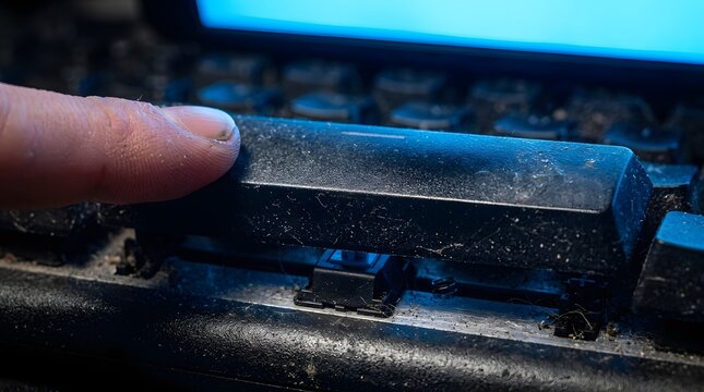 Extreme Macro of a Filthy and Dusty Computer Keyboard with Crumbs and Hair