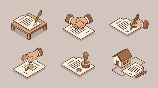 Contract and Deal Icons: A collection of isometric icons depicting business transactions, including signing a contract, handshake, receiving keys, and property agreement.